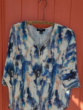 Nine West Blue, Peach & Cream Zip-Front Women's Top